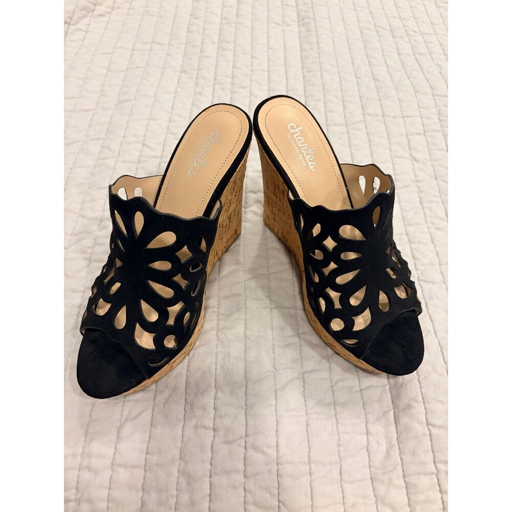Charles David Black Suede Cutout Wedge Mules 8